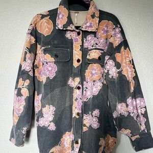 Free People Ruby, Charcoal Floral Button-Up Shacket with Peach & Lavender Prints